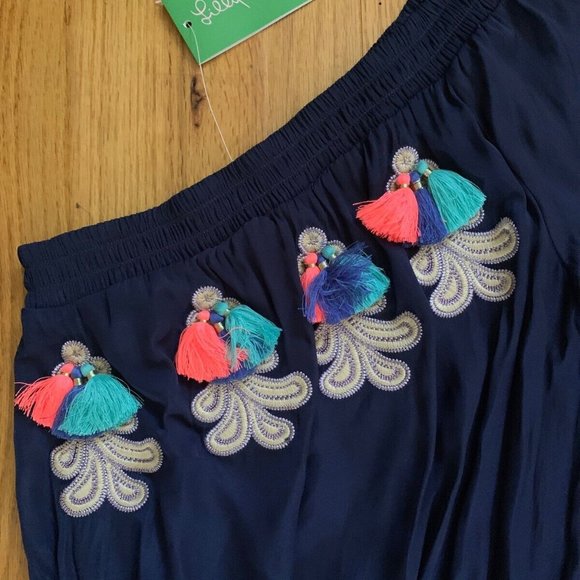 NWT * Lilly Pulitzer Amerie Romper XL Navy Blue Off Shoulder Tassels 1 Sleeve - Picture 7 of 7